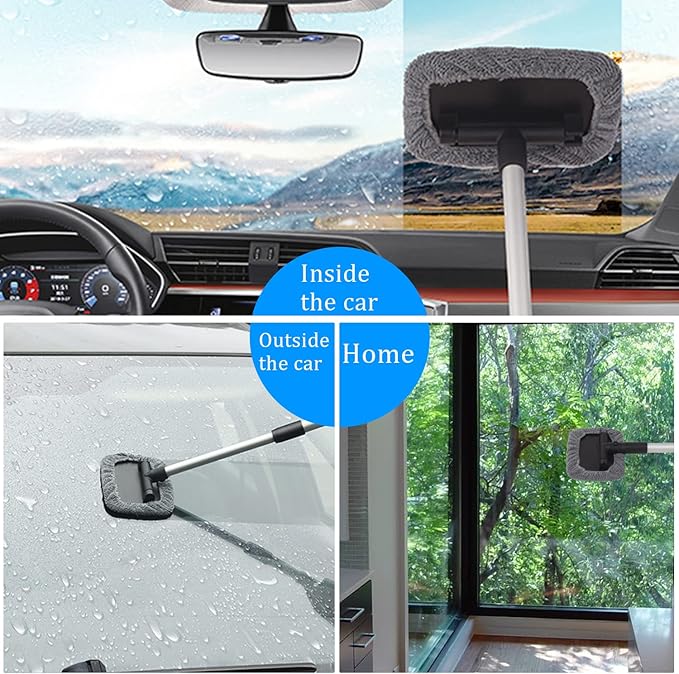 Car Glass Cleaner Wiper,Windshield Cleaning Tool, Microfiber Window Cleaner with Extendable Handle,Auto Glass Wiper Kit(Green Square)