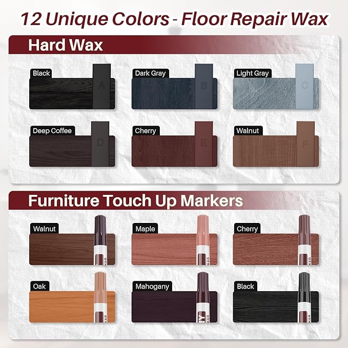 Laminate Vinyl Floor Repair Kit with Heat Pen, 6 Color Hardwood Floor Wax Linoleum Repair Kit Furniture Touch Up Markers Scratches Repair Restore Scratch Repair Remover Cracks, Holes for Table,Cabine