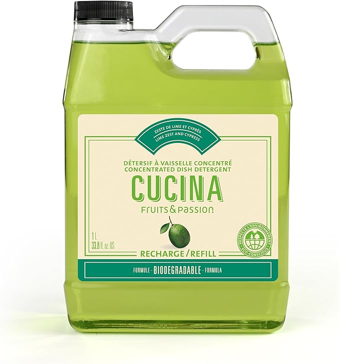 Fruits & Passion Cucina Concentrated Dish Soap Refill, Lime Zest & Cypress, Gentle Liquid Dishwashing Detergent with Olive Oil, Vegan & Biodegradable Formula, 1 Liter (33.8 fl oz)