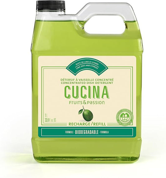 Fruits & Passion Cucina Concentrated Dish Soap Refill, Lime Zest & Cypress, Gentle Liquid Dishwashing Detergent with Olive Oil, Vegan & Biodegradable Formula, 1 Liter (33.8 fl oz)
