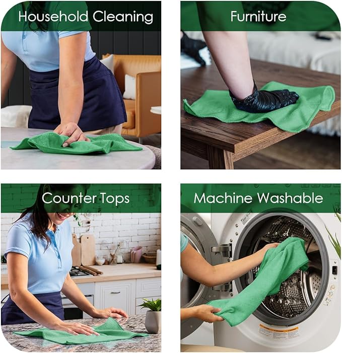 Avalon Towels Microfiber Cleaning Cloths (Value Pack of 48) - Size 16 x 16 Inches, Highly Absorbent Cleaning Rags, Lint Free, Reusable and Washable, Microfiber Towels for Cars (Green)