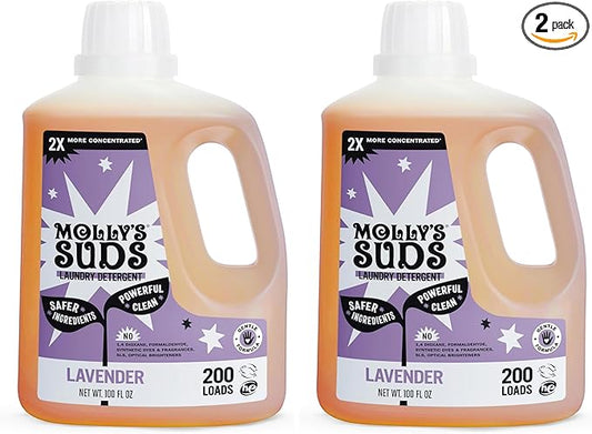 Molly's Suds Liquid Laundry Detergent | Clean Laundry Detergent Soap for Sensitive Skin | 2x Concentrated, High Efficiency (HE) (Lavender - 200 Loads) (Pack of 2)