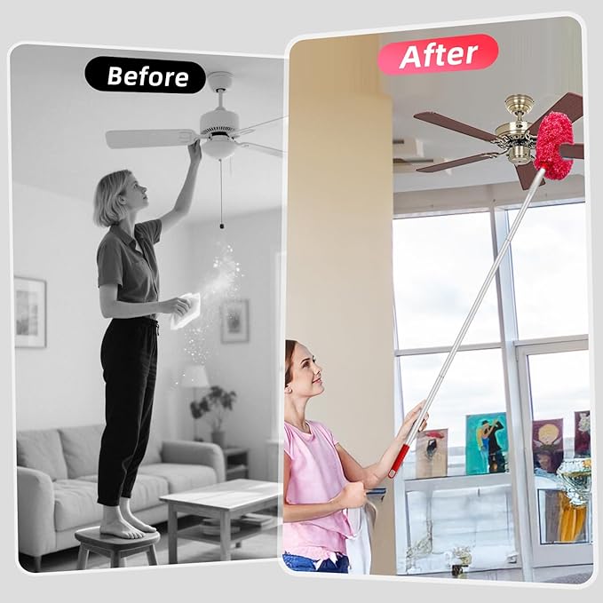 DRQ Ceiling Fan Cleaner Duster, 2 Pack Reusable Microfiber Duster with Extension Pole, 13 to 50 Inch Fan Blade Cleaner, Removable Dusters for Cleaning Walls Bookshelves Door Window Top (Rose Red)