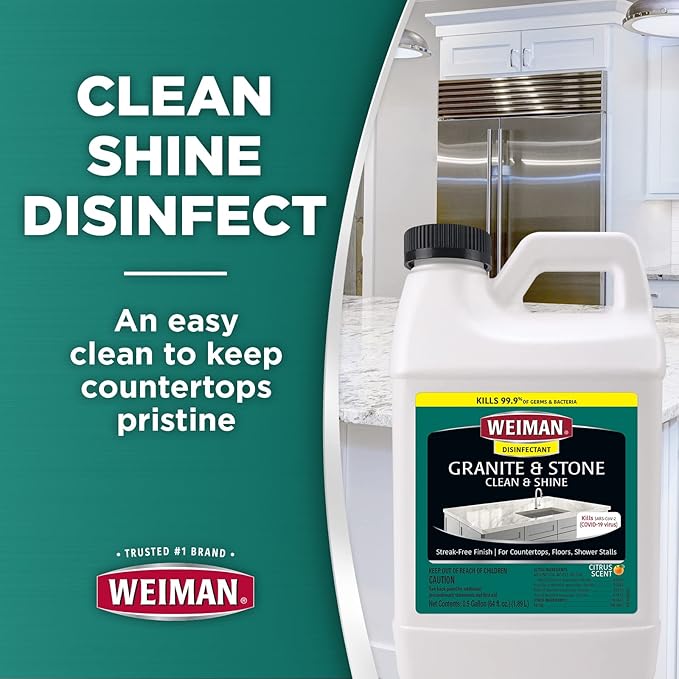 Weiman Disinfecting Granite and Stone Countertop Cleaner and Polish - Safely Cleans & Shines Marble, Quartz Quartzite Slate, Limestone, Corian, Laminate Tile, 64 Oz, 2 Pack
