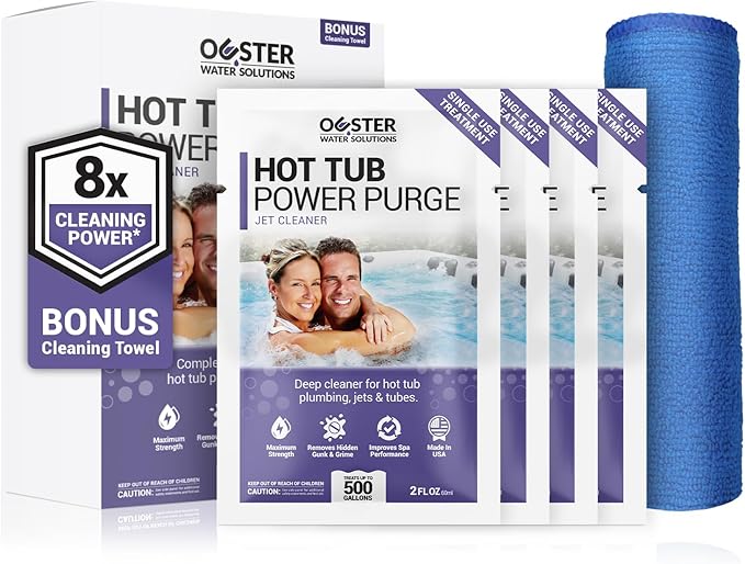Bio Ouster Power Purge Hot Tub Jet Cleaner w/Towel - Hot Tub Cleaner for Jets, Tubes, Plumbing - for Standard & Inflatable Spas - Removes Gunk Buildup for Crystal Clear Water - Made in USA (4-Pack)