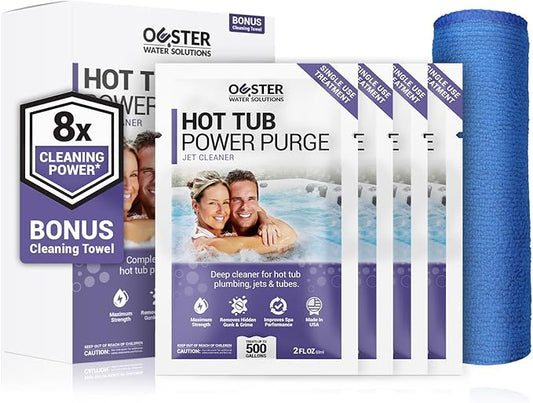 Bio Ouster Power Purge Hot Tub Jet Cleaner w/Towel - Hot Tub Cleaner for Jets, Tubes, Plumbing - for Standard & Inflatable Spas - Removes Gunk Buildup for Crystal Clear Water - Made in USA (4-Pack)