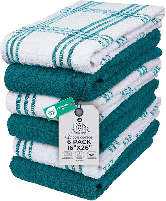 DAN RIVER Premium Kitchen Towels - [Pack of 6] 100% Cotton (16x 26 Inches) -Super Soft,Highly Absorbent, Quick Dry, Dish Towels for Kitchen Towels -Teal