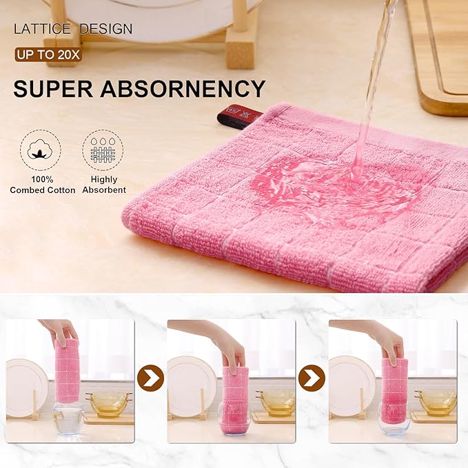 Mordimy 100% Cotton Terry Cloth Dish Cloths, Soft and Absorbent Checkered Dish Towels, Quick Drying Dish Rags for Washing Dishes, 8 Pack, 12 x 12 Inches, Pink