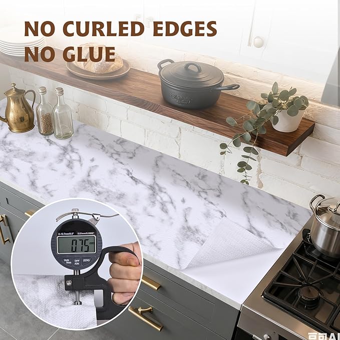 Shelf Liners for Kitchen Cabinets 12in x 20FT, Non Adhesive Drawer Liner Marble Pattern Thickened Shelf Liner Non-Slip Easy to Clean for Tool Box Refrigerator with Knife and Tape Measure