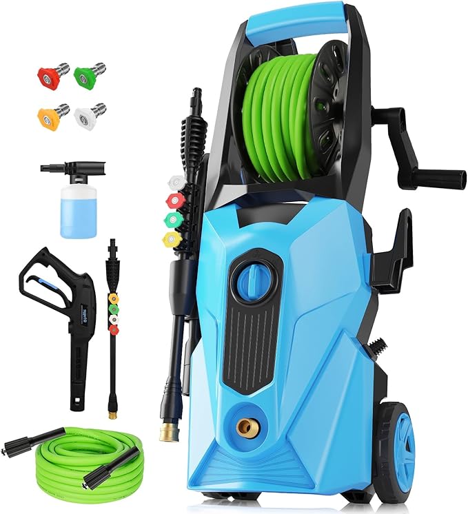5000PSI Electric Pressure Washer,Power Washer with Foam Cannon,Portable Cleaner with 33ft Hose Reel,4 Nozzle Tips,and Soap Bottle for Cars/Home/Driveways/Patios/Decks/Fences