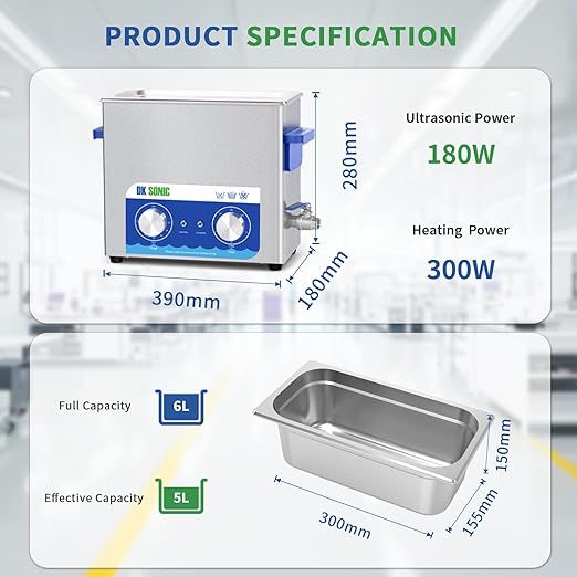 DK SONIC Ultrasonic Cleaner,6L 180W Sonic Cleaner with Heater&Mechanical Timer,Ultrasonic Carburetor Cleaner for Cleaning Gun,Engine,Carburetors,Chains(Include Basket)