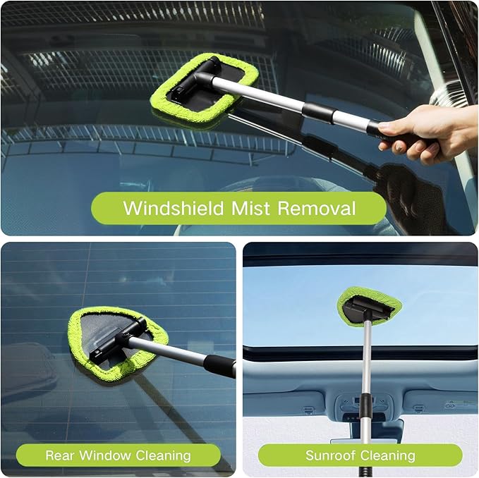 7pcs Windshield Cleaner Tool Car Window Cleaning Wash Kit with 4 Reusable Microfiber Pads 1 Spray Bottle and Extendable Handle Auto Glass Wiper Kit, Blue&Green
