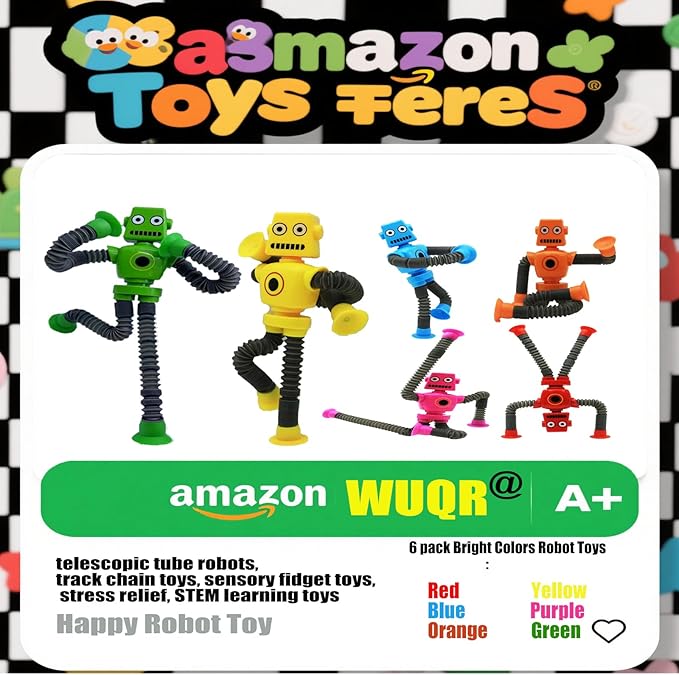 6 PCS Robot Suction Cup Toys Pop Tubes，Stress Relief Fun Robot-Shaped Suction Cup Toys for Ages 3+，Autism Sensory Products,Sensory for Kids with Autism，Christmas Easter
