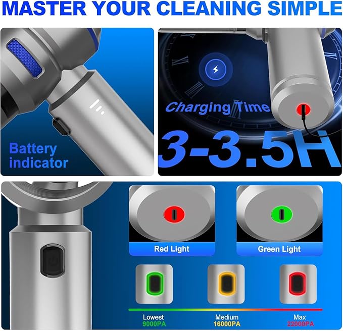 Handheld Car Vacuum Cleaner, 4-in-1 Cordless Vacuum Cleaner, 22000 PA High Power Portable Car Vacuum with Brushless Motor, for Home, Office, Camping (Silver Blue)