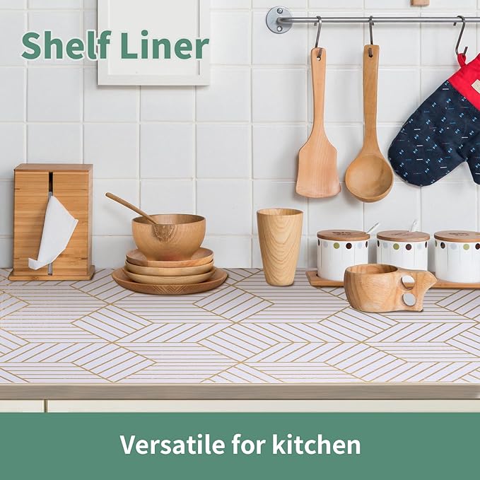 Shelf Liners for Kitchen Cabinets 23.6in x 49.21FT, Non Adhesive Cabinet Liner Strong Non-Slip Thickened Gold Geometric Drawer Liner, Easy to Clean for Shelf, Cabinet with Knife and Tape Measure