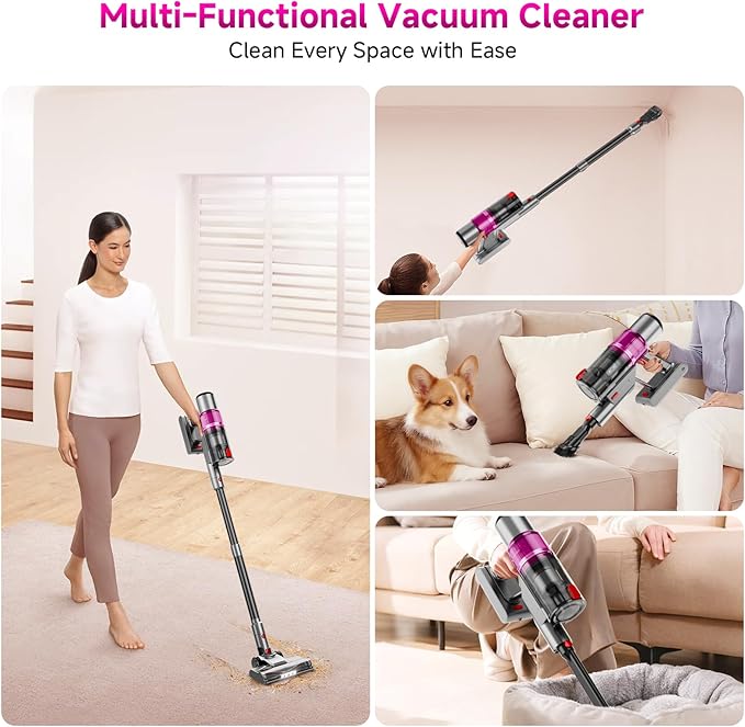 Cordless Vacuum Cleaner: 40KPA Powerful Suction Cordless Stick Vacuum Cleaners for Home, Anti-Tangle Brush, Lightweight, 6-in-1 Rechargeable Vacuum for Pet Hair/Carpet/Hard Floor(Purple)