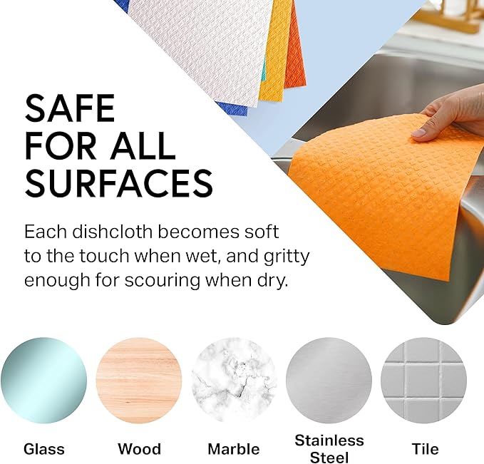Swedish Wholesale Dishcloths, Cellulose Sponge Cloths – Bulk 10 Pack of Eco-Friendly, No Odor, Reusable Cleaning Cloths for Kitchen – Absorbent Dish Cloth Hand Towel