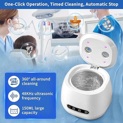 Upgraded 2026 Ultrasonic Retainer Cleaner Machine, 45kHz Ultrasonic Denture Cleaner with 3-Timer Modes (3/5/10 Min), Suitable for Dentures, Night Guards, Aligners, Brushes, Jewelry-150ml Capacity