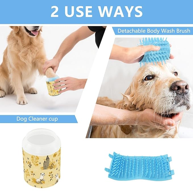 Dog Paw Cleaner Cups for Dogs Pet Foot Washer Paw Scrubber for Medium Small Large Dogs Cats Cleaning Cup Yellow Ferrets Castles Paw Prints