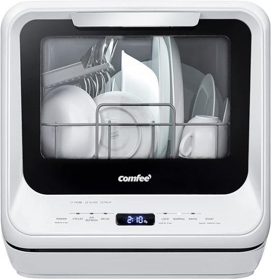 COMFEE' Portable Dishwasher Countertop with 5L Built-in Water Tank, No Hookup Needed, 6 Programs, 360° Dual Spray, 192℉ High-Temp& Air-Dry Function, Mini Dishwasher for RVs, White