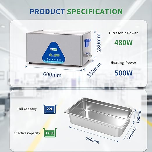 DK SONIC Ultrasonic Cleaner 22L,480W Industrial Ultrasonic Parts Cleaner with Heater&Timer, Digital Control&Basket, Multiple Functions for Motorcycle Engines,Carburetors, Chains