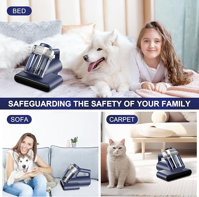 Mattress Vacuum Bed Vacuum Cleaner with 253.7nm UV-C Light, Hyper Helix Motor with 16kPa Strong Suction & 33000 RPM/Min Tapping, HEPA Filter, 149℉ Heat & Ultrasonic & Anion for Bed and Pet.