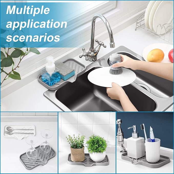 SUBEKYU Silicone Kitchen Soap Tray, Sink Tray for Kitchen Counter/Soap Bottles, Sponge Holder and Organizer with Drain Spout, Grey, [Size: 9.5 x 5 inch]