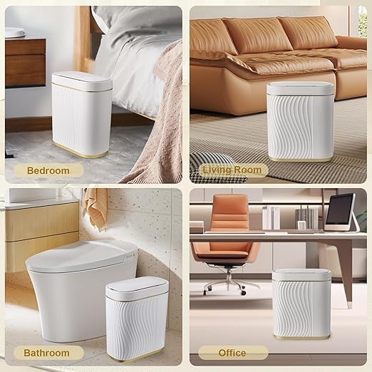 Bathroom Trash Cans with Lid 2 Gallon Automatic Trash Can, Small Motion Sensor Garbage Can, Slim Smart Trash Bin, Waterproof Plastic Garbage Bin for Bathroom, Bedroom, Living Room, Golden