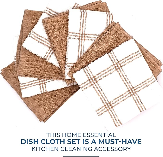 DAN RIVER Premium Dish Cloth 100% Cotton 12 X 12 Inches |Pack of 8|-Ultra Soft Tea Towels-Highly Absorbent Kitchen Rags-Terry Dishcloth for Kitchen and Household Cleaning |Tan|