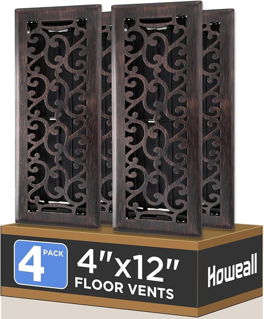 4x12 Inches 4 Pack Heavy Duty Walkable Floor Register - Easy Adjust Air Supply Lever Decorative Floor Vent Covers, Savannah Design Vent Covers for Home - Oil Rubbed Bronze