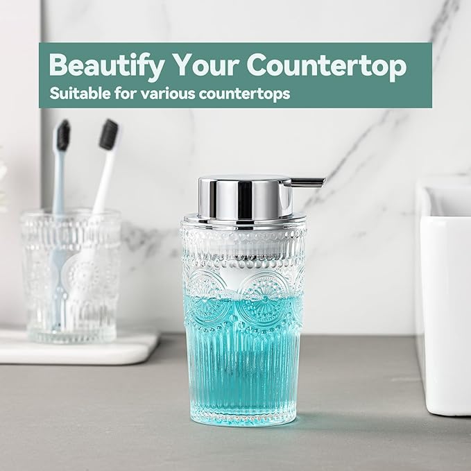 Glass Foaming Soap Dispenser - Foam Hand Soap Dispenser Bathroom, 10 OZ Clear Refillable Liquid Dispenser for Kitchen Dish Dispenser Foam Pump Silver