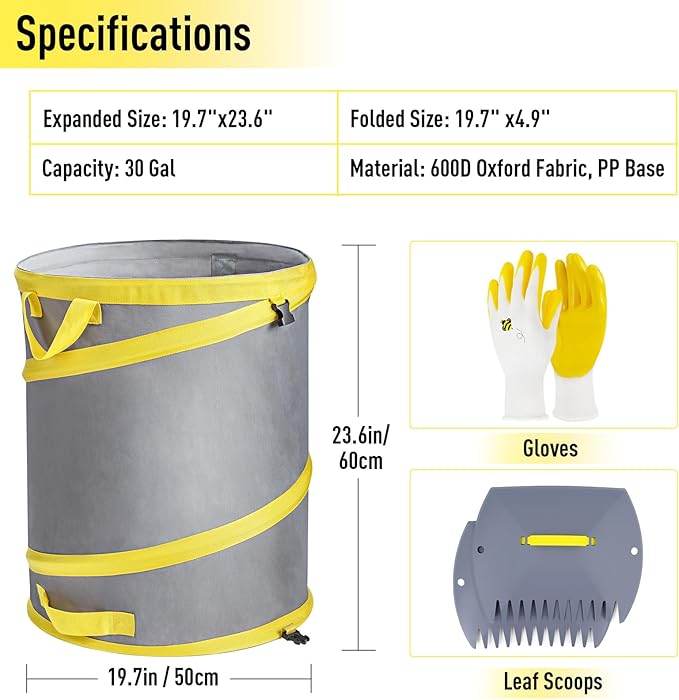 Jardineer 3Pcs Collapsible Garden Leaf Bag Set, Include 30-Gallon Pop Up Trash Can, Leaf Scoops and Gardening Glove, Resuable Yard Waste Container for Lawn Care and Camping