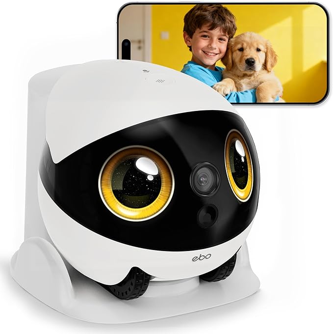 Enabot EBO Air 2S FamilyBot Home Robot Camera: 2.5K Indoor Pet Cam, Movable Robot Camera, 2-Way Video, Auto-Recharge, Long Battery Life, Custom Facial Image, Night Vision