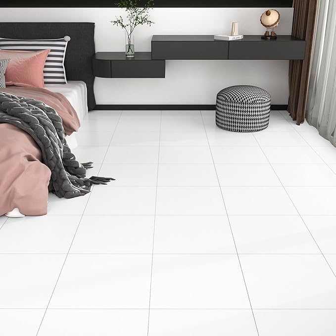 White Peel and Stick Floor Tile Vinly Flooring Tiles Bathroom Stick on Floor Tiles for Kitchen Bedroom Self Adhesive Removable Flooring Stickers 12''x12'' Waterproof & Durable Thick Tile Sheets 5PCS