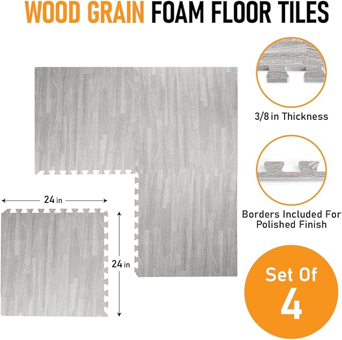 HomeCube USA 3/8 Inch Thick Interlocking Wood Grain Foam Floor Tiles for Home, Office, Workout Equipment Space, Commercial Areas, Anti-Fatigue Flooring Padding 24x24 in., Grey, 16 SQ Ft - 4 Tiles