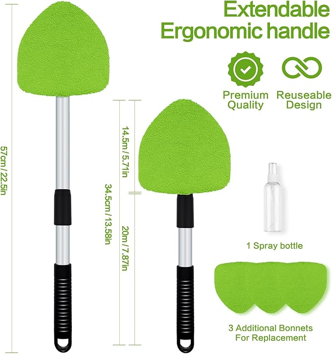 Windshield Cleaner Tool 22.5" L - Car Interior&Exterior Window Cleaning Kit with Extendable Handle&4 Microfiber Pads and Thick Large Wash Sponge, Auto Glass Wiper Brush Kit for Cars Home (7pcs Green)