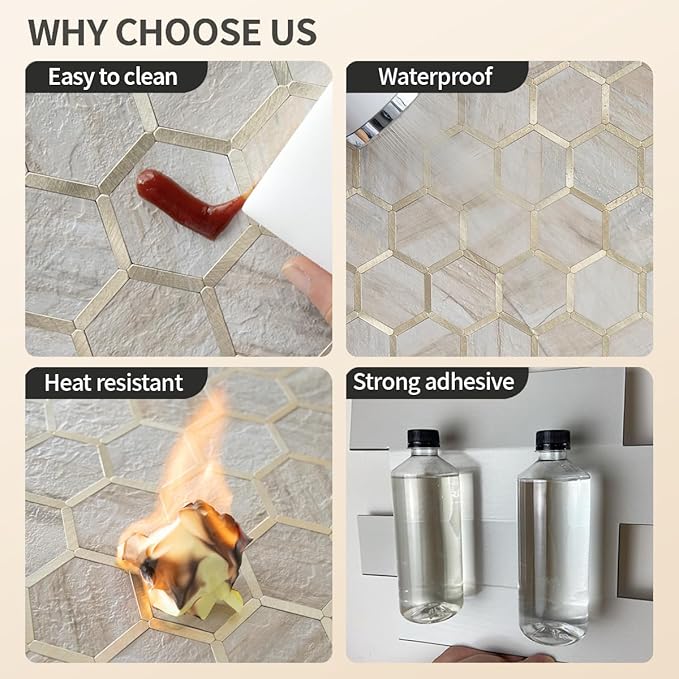 DICOFUN 10-Sheet Hexagon Peel and Stick Backsplash Tile, Beige Slate Mixed Gold Kitchen Backsplash Peel and Stick Wall Tiles
