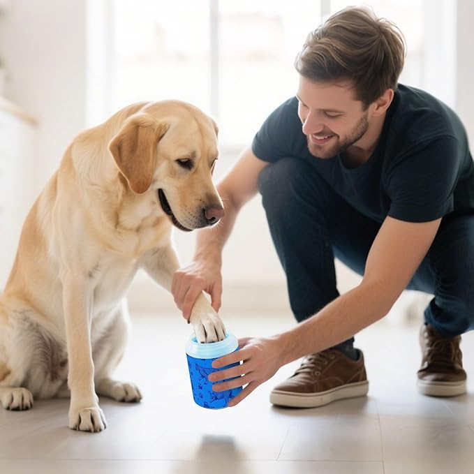 Dog Paw Cleaner Cups for Dogs Pet Foot Washer Paw Scrubber for Medium Small Large Dogs Cats Cleaning Cup Blue Buildings Flasks Paw Prints