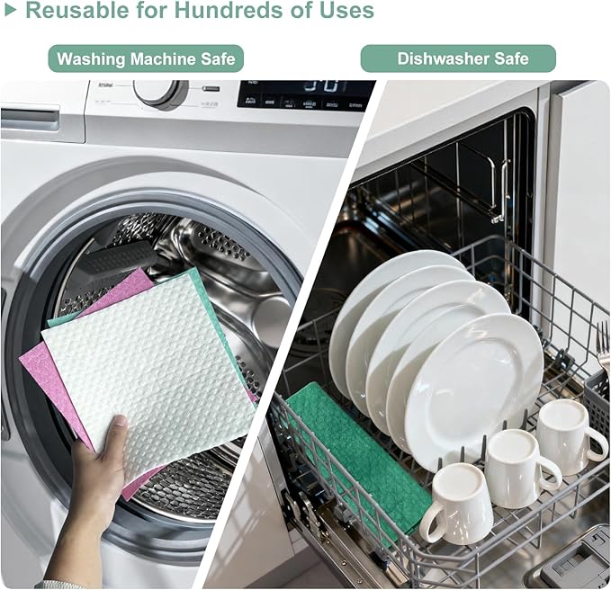 Swedish Dishcloths 6-Pack, Super Absorbent & Quick-Dry Reusable Dish Towels, Biodegradable Kitchen Sponge Cloths for Dishes, Countertops, Glass & Car