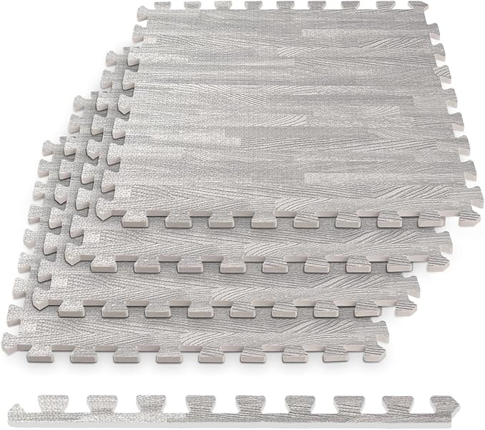 HomeCube USA 3/8 Inch Thick Interlocking Wood Grain Foam Floor Tiles for Home, Office, Workout Equipment Space, Commercial Areas, Anti-Fatigue Flooring Padding 24x24 in., Grey, 16 SQ Ft - 4 Tiles