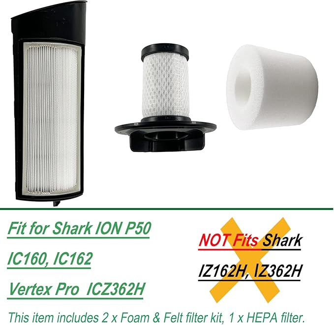 Dttery IC160 Filter Kit Replacement for Shark ION P50 Powered Vertex Pro Lift Away Cordless Vacuum IC160 IC162 ICZ362H Part XFFK160 XHEPA160, 2 Foam and Felt, 1 HEPA