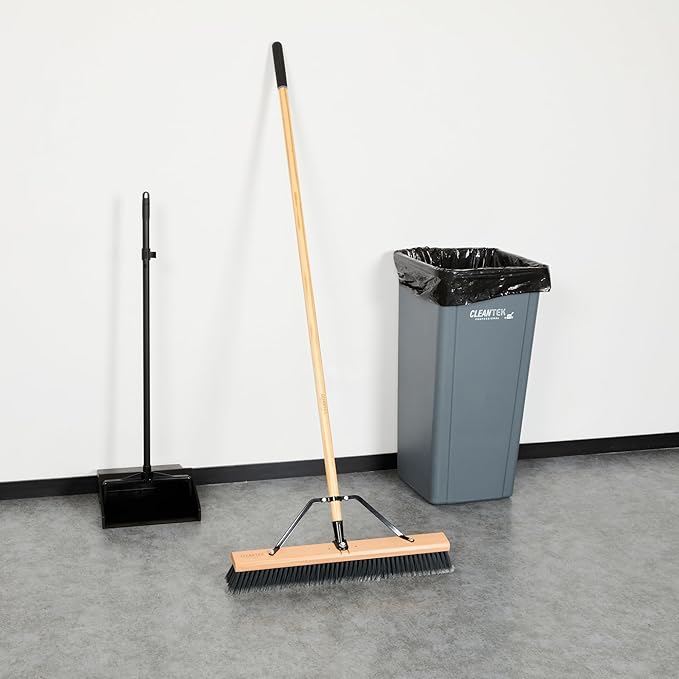 Restaurantware-Clean Tek Professional 24 Inch Push Broom, 1 Heavy-Duty Broom with 60” Handle - Medium Plastic Bristles, Durable, Wooden, Commercial Use, for Deck, Driveway, Garage, Yard, Patio