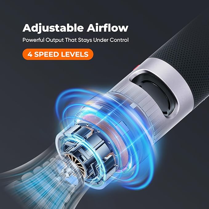 Cordless Compressed Air Duster, High Power, Metal Body, Hold-to-Turbo, 4 Speeds, for Computer, Keyboard & Car Cleaning, Outdoor Use
