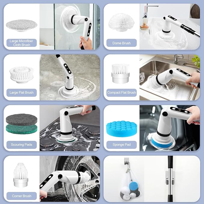 IEZFIX Electric Spin Scrubber, Bathroom Cleaning Brush, Shower Scrubber with Long Handle Adjustable, Cordless Cleaner Brush for Bathtub Kitchen Wall Household Cleaning Helper