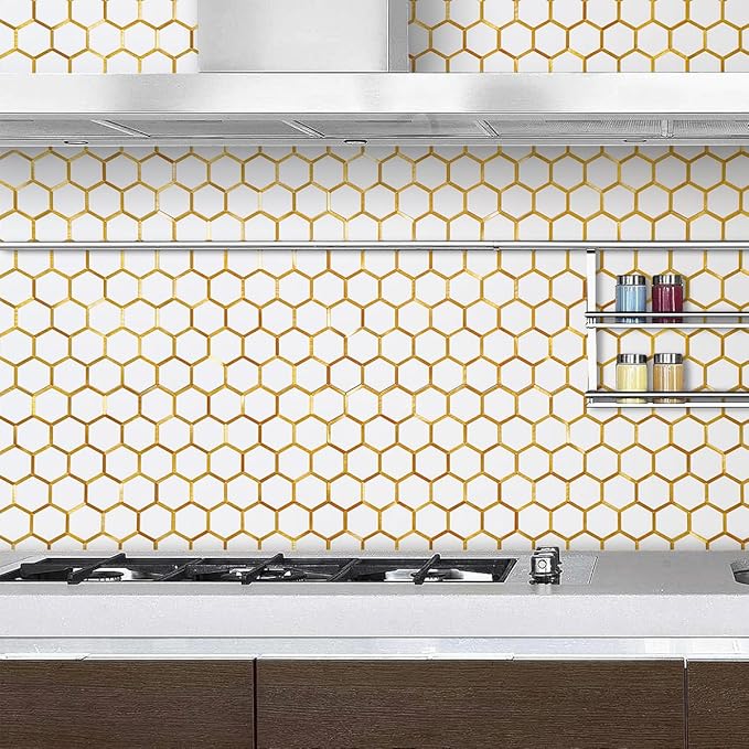 DICOFUN 10-Sheet Hexagon Peel and Stick Backsplash Tile, Polished White Tile Look Mixed Gold Kitchen Backsplash Peel and Stick Wall Tiles