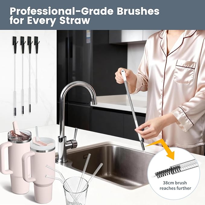 5 Pack Straw Cleaning Brush Set, 15" Extra Long Straw Cleaner Brush, 4 Sizes Reusable Straw Cleaner Brush, 3-In-1 Cup Lid Cleaning Brush for Stanley/Owala/Yeti/Hydro, Sturdy Brush Bristles(Black)