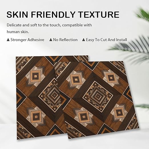 Nuxovilar Peel and Stick Vinyl Floor Tiles, 12x12 Inch Dark Wood Geometric Mosaic Pattern, Self-Adhesive Flooring (10 Pcs)