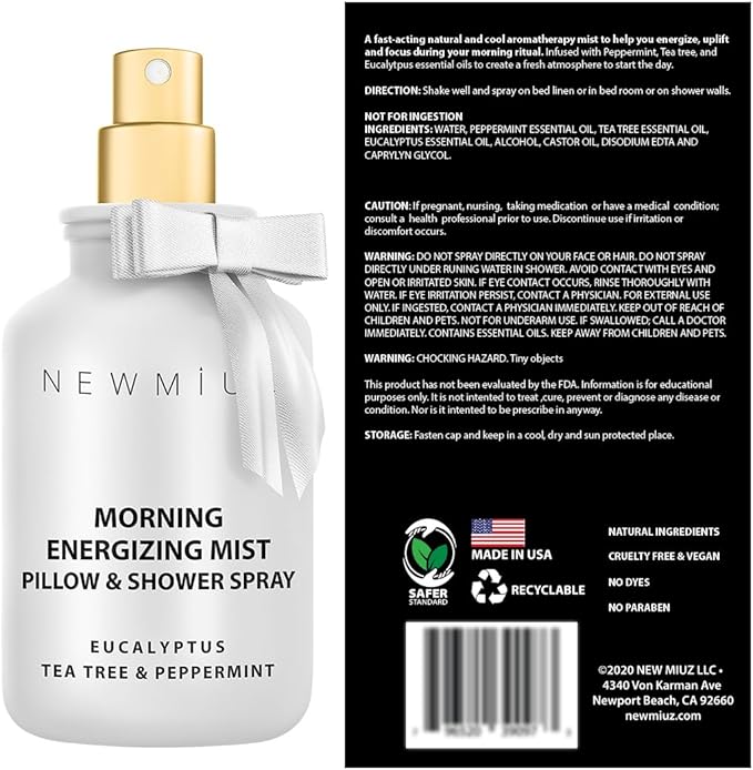 Energizing Shower & Pillow Spray Peppermint Eucalyptus Tea Tree Essential Oils Natural Fast Acting Aromatherapy Mist for Relaxation Calming Stress Clear Sinus Cooling Relief Luxury Self Care Gift