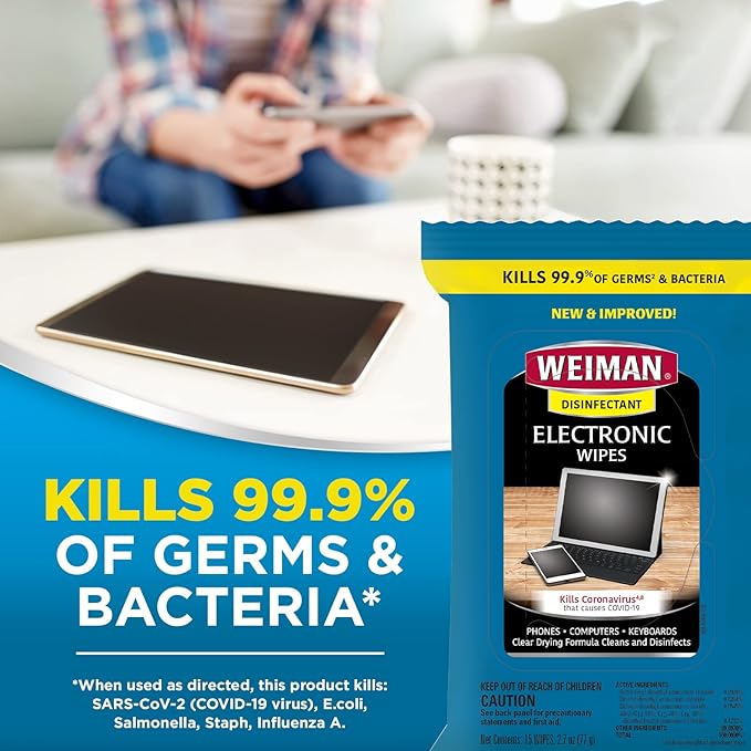 Weiman Electronic Disinfecting Wipes- 2 Pack - Safely Clean Your Laptop, Computer, TV, Screen Equipment-Electronic Cleaner Wipes-15 Count