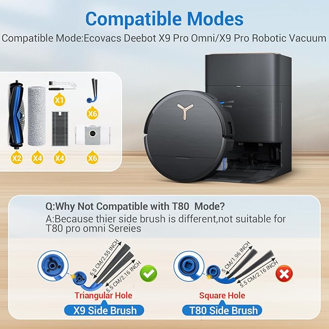 X9 Pro Omni Replacement Parts for Ecovacs Deebot X9 Pro Omni X9 Pro Robotic Vacuum Cleaner Parts with 2 Roller Brush,4 Mop,4 HEAP,6 Dust Bags,6 Side Brushes,1 Screwdrivers,1 Clean Brush
